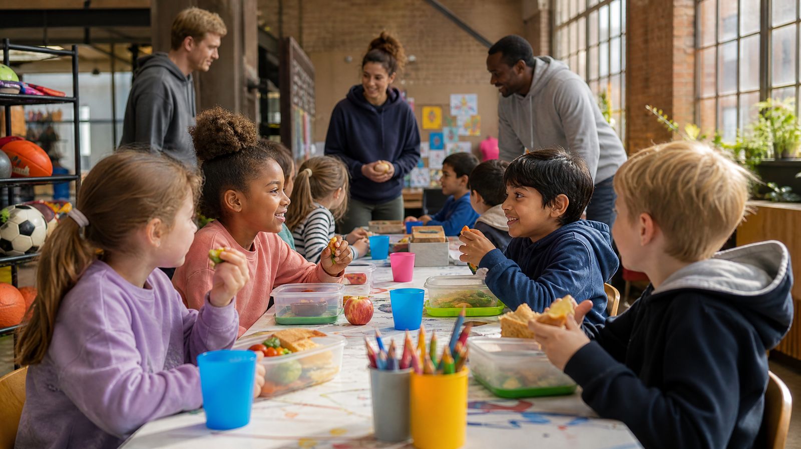 Children eating a healthy lunch together at a community holiday club