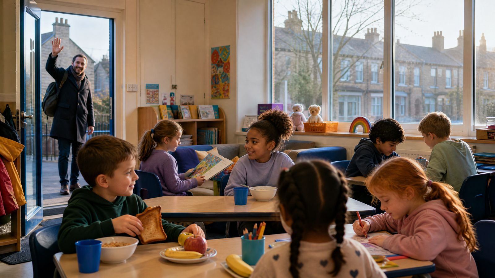 Children having breakfast and doing activities at a primary school breakfast club