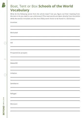 First page of Vocabulary sheet + answers